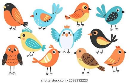 Hand drawn collection of colorful spring birds in a bright, funny and childish style. Vibrant and cheerful illustration, perfect for seasonal designs, nature themes, and decorative elements.