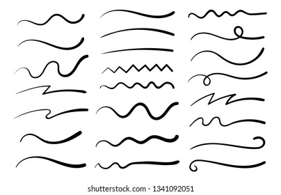 Hand drawn collection of curly swishes, swashes, swoops. Calligraphy swirl. Quotes icons. Highlight text elements.