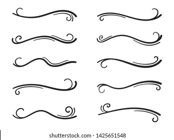 Hand drawn collection of curly swishes, swashes, swoops. Calligraphy swirl. Highlight text elements.