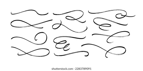 Hand drawn collection of curly swishes, swashes and wavy lines. Vector calligraphy flourishes for text. Decorative underline brush strokes. Highlight text elements. Typography tails in vintage style. 