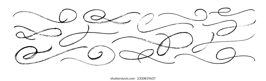 Hand drawn collection of curly swishes, swashes, swoops. Calligraphy thin swirl drawn with a brush. Pencil curly lines and squiggles. Vector sketch underlines, emphasis, curved lines set.