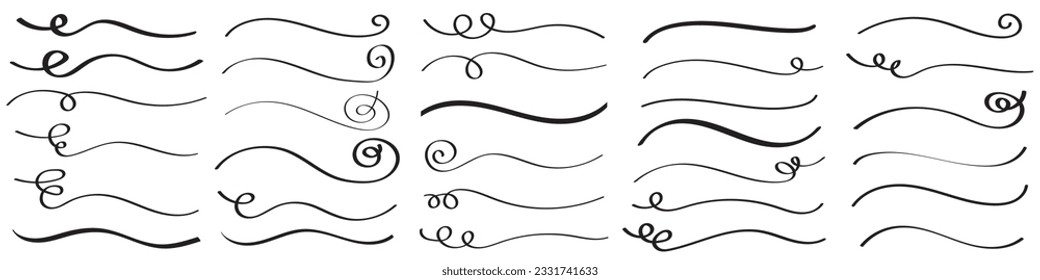 Hand drawn collection of curly swishes, swashes, swoops. Calligraphy swirl. Highlight text elements.