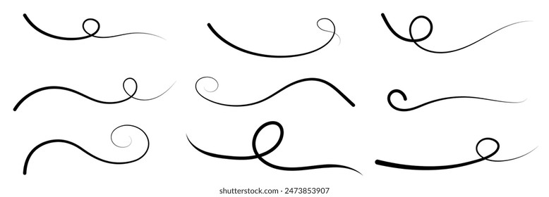 Hand drawn collection of curly swishes, swashes, swoops. Calligraphy swirl. Highlight text elements. Vector illustration.	