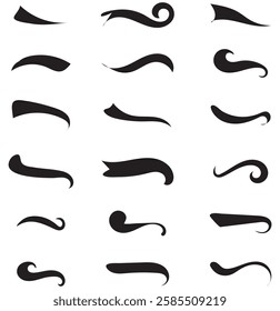 Hand drawn collection of curly swishes, swashes, swoops. Calligraphy swirl. Highlight text elements. 1176