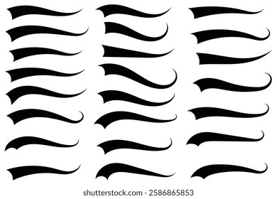 Hand drawn collection of curly swishes, swashes, swoosh. Calligraphy swirl. Highlight text elements for athletics, baseball. Swish typography font. swoosh and swash tails collection . eps 888