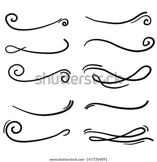 Hand drawn collection of curly swishes, swashes,\
swoops. Calligraphy swirl. Highlight text elements in doodle style\
vector