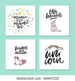 Hand drawn collection of cute cards with lettering and unicorns. Premade square card vector templates.