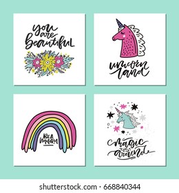 Hand drawn collection of cute cards with lettering and unicorns. Premade square card vector templates.