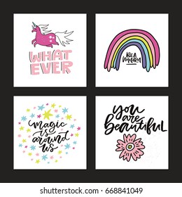 Hand drawn collection of cute cards with lettering and unicorns. Premade square card vector templates.