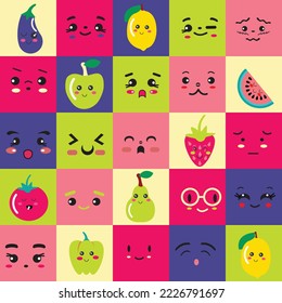 Hand drawn Collection of cute Emoticons pattern. Emoji square icons. Cute emoji colorfull set flat cartoon style funny backgound.