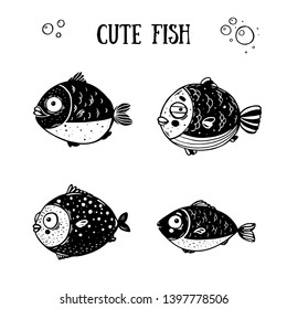 Hand drawn collection with cute fish. Funny print for clothes.