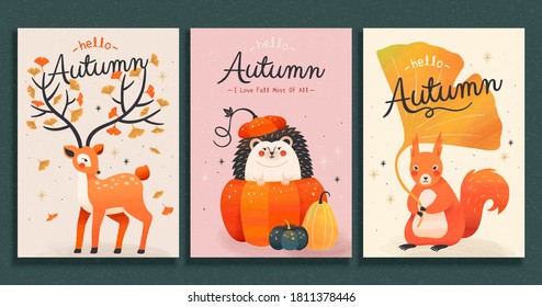 Colección de animales lindos del bosque dibujada a mano, concepto de otoño