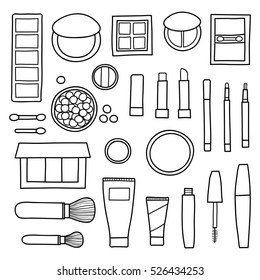 Hand drawn collection of decorative cosmetics. Different beauty makeup products including powder, concealer, blushes, mascara, lipstick, foundation, eye shadows, brushes isolated on white background.