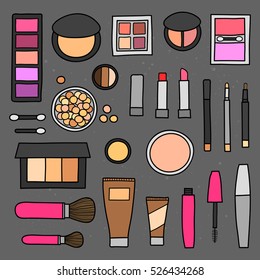 Hand drawn collection of decorative cosmetics. Different beauty makeup products including powder, concealer, blushes, mascara, lipstick, foundation, eye shadows, brushes isolated on chalkboard.
