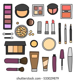 Hand drawn collection of decorative cosmetics. Different beauty makeup products including powder, concealer, blushes, mascara, lipstick, foundation, eye shadows, brushes isolated on white background.