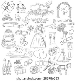 Hand drawn collection of decorative wedding design elements. Decorative set of holiday objects and signs.
