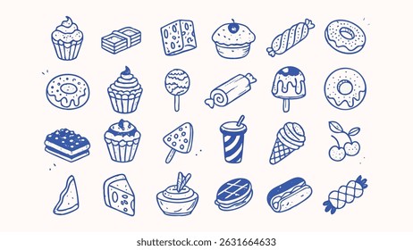 Coleção desenhada à mão de Sobremesas deliciosas e Snacks Ícones para Menus Embalagem e Mais