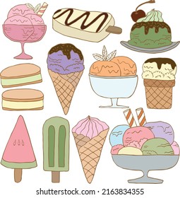 Hand drawn collection of delicious ice cream set for summer concept