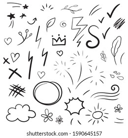 Hand Drawn Collection Of Design Element. Doodle Curly Swishes, Swoops, Swirl, Arrow, Heart, Star, Firework And Emphasis Element.