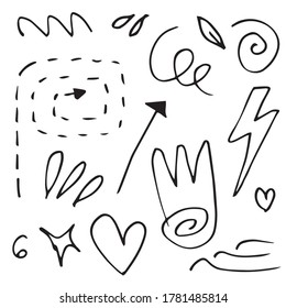 Handgezeichnete Kollektion von Designelementen. Die Doodle schwingt, schneidet, wirbelt, Pfeil, Herz und Betonelement.
