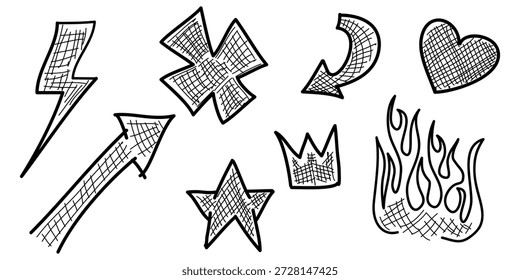 Colección dibujada a mano del elemento de diseño. Marca cruzada del garabato, flecha, corazón, amor, corona, tormenta eléctrica, estrella y llama del fuego. uso para el diseño del concepto