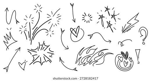 Colección dibujada a mano del elemento de diseño. El énfasis del garabato, remolino, flecha, corazón, amor, corona, llama de fuego, estrella, fuegos artificiales, resalta el texto y el elemento del énfasis