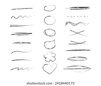Hand drawn collection of different diary scribble lines and elements. Marker pen underline and strikethrough strokes for Note book. Swift crossed and wavy highlight markers for scribbling pad.
