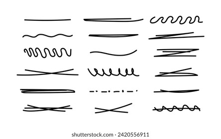 Hand drawn collection of different diary scribble lines and elements. Marker pen underline and strikethrough strokes for Note book. Swift crossed and wavy highlight markers for scribbling pad.