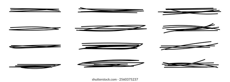 Hand drawn collection of different diary scribble lines and elements. Marker pen underline and strikethrough Editable strokes for Note book. Swift crossed and wavy highlight markers for scribbling pad