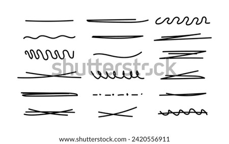 Hand drawn collection of different diary scribble lines and elements. Marker pen underline and strikethrough strokes for Note book. Swift crossed and wavy highlight markers for scribbling pad.