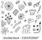 Hand drawn collection of different doodle elements for design concept. Arrows, waves, broken lines, drops, circles, curly squiggles, geometric shapes and other abstract objects in the doodle style.