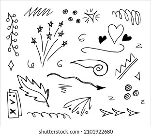 Hand drawn collection of different doodle elements for design concept. Arrows, waves, broken lines, drops, circles, curly squiggles, geometric shapes and other abstract objects in the doodle style.