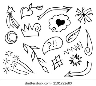 Hand drawn collection of different doodle elements for design concept. Arrows, waves, broken lines, drops, circles, curly squiggles, geometric shapes and other abstract objects in the doodle style.
