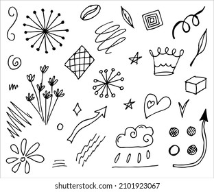 Hand drawn collection of different doodle elements for design concept. Arrows, waves, broken lines, drops, circles, curly squiggles, geometric shapes and other abstract objects in the doodle style.