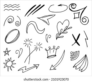 Hand drawn collection of different doodle elements for design concept. Arrows, waves, broken lines, drops, circles, curly squiggles, geometric shapes and other abstract objects in the doodle style.