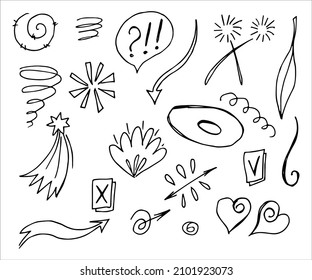 Hand drawn collection of different doodle elements for design concept. Arrows, waves, broken lines, drops, circles, curly squiggles, geometric shapes and other abstract objects in the doodle style.