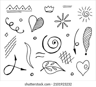Hand drawn collection of different doodle elements for design concept. Arrows, waves, broken lines, drops, circles, curly squiggles, geometric shapes and other abstract objects in the doodle style.