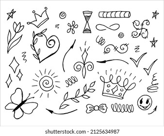 Hand drawn collection of different doodle elements for design concept. Arrows, waves, broken lines, drops, circles, curly squiggles, geometric shapes and other abstract objects in the doodle style.