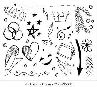 Hand drawn collection of different doodle elements for design concept. Arrows, waves, broken lines, drops, circles, curly squiggles, geometric shapes and other abstract objects in the doodle style.