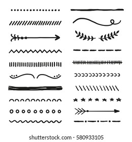 Hand drawn collection of different line borders and dividers isolated on white background. Can be used as brushes.