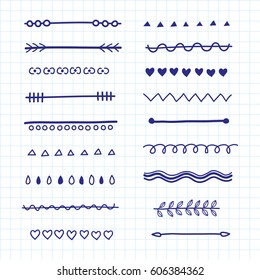 Hand drawn collection of different line borders and dividers isolated on graph paper background. Can be used as brushes.