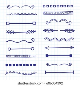 Hand drawn collection of different line borders and dividers isolated on graph paper background. Can be used as brushes.