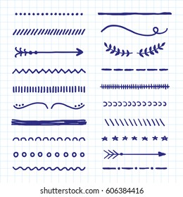 Hand drawn collection of different line borders and dividers isolated on graph paper background. Can be used as brushes.