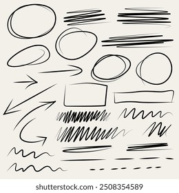 Hand drawn collection of different scribble lines and brush strokes. Ovals and strikethroughs. Vector black