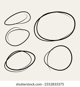 Hand drawn collection of different scribble lines and brush strokes. Ovals and strikethroughs. Vector black