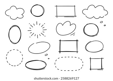 Hand drawn collection of different shapes and speech bubbles. Doodle sketch line frames and elements. Scribble line strokes vector set.