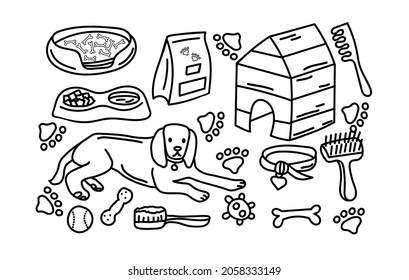 Hand drawn collection of dog theme: bone, food, kennel, toys. Set of pet elements. Doodle sketch style vector illustration.