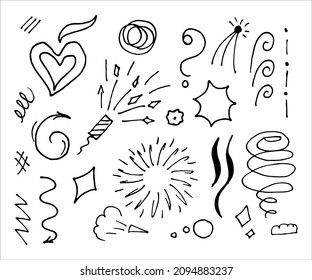 Hand drawn collection of doodle elements for design concept. Arrows, splashes, waves, broken lines, drops, circles, curly squiggles, geometric shapes and other abstract objects in the doodle style.