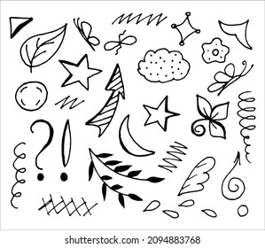 Hand drawn collection of doodle elements for design concept. Arrows, splashes, waves, broken lines, drops, circles, curly squiggles, geometric shapes and other abstract objects in the doodle style.