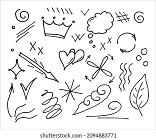 Hand drawn collection of doodle elements for design concept. Arrows, splashes, waves, broken lines, drops, circles, curly squiggles, geometric shapes and other abstract objects in the doodle style.